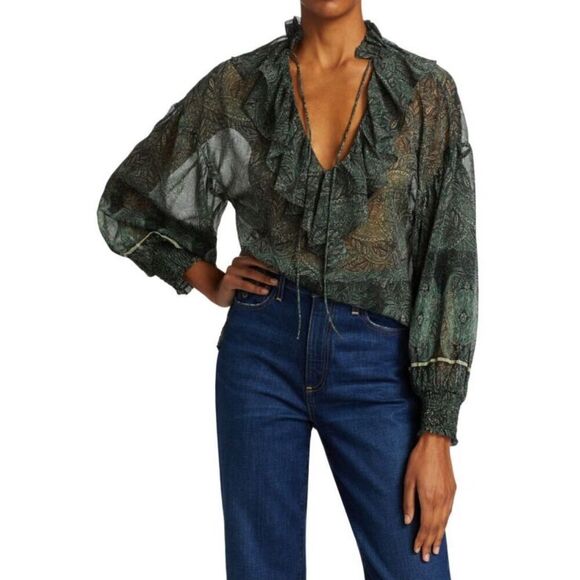 ALICE + OLIVIA Julius Ruffle Blouson-Sleeve Tunic Top in Bohemia Multi NWT Size - Picture 1 of 9